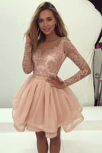 Zipper Long Sleeves A-line/Princess Pearl Pink Natural Tulle Prom Dresses