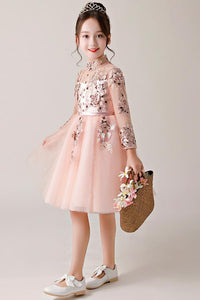 High Neck Embroidery Flower Girl Dresses with Sleeves