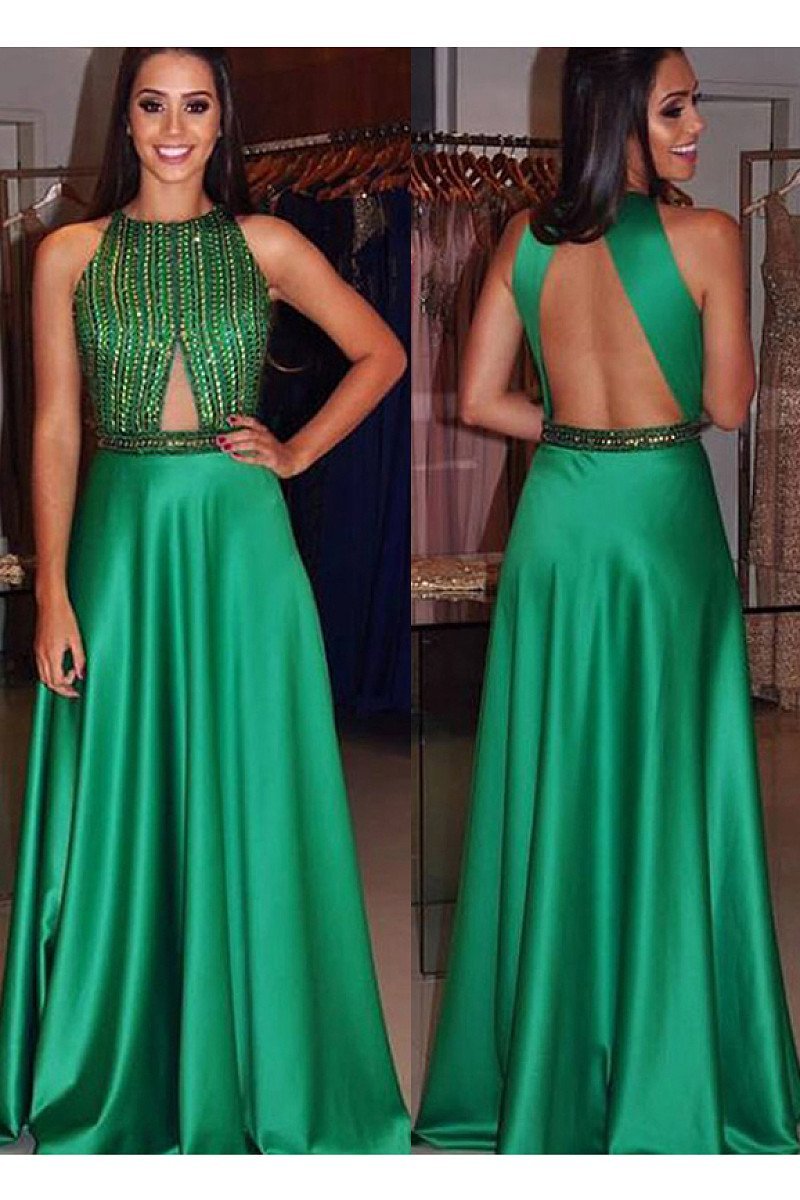 Natural Satin Backless Scoop Floor-length Sleeveless Prom Dresses