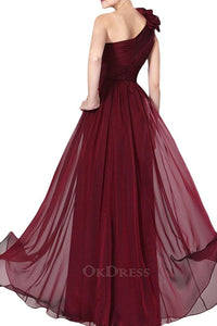 A-Line Sleeveless One-shoulder Burgundy Maxi Formal Dresses