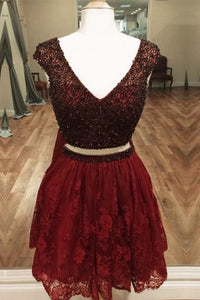 Two Piece Beading Bodice Homecoming Dresses with Lace Skirt