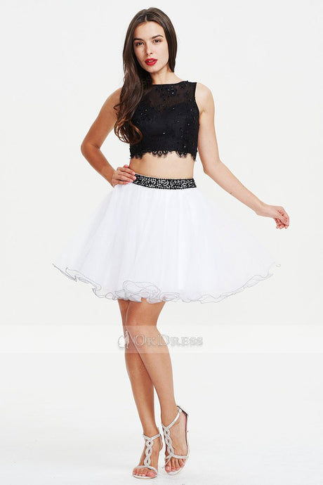 Two-Piece Black and White Short/Mini Tulle and Lace Evening Dress