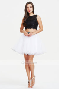 Two-Piece Black and White Short/Mini Tulle and Lace Evening Dress