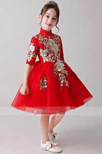 Red Embroidery Knee-Length Flower Girl Dress