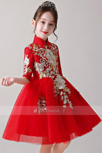 Red Embroidery Knee-Length Flower Girl Dress