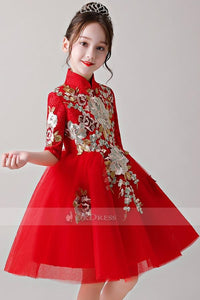 Red Embroidery Knee-Length Flower Girl Dress