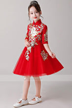 Red Embroidery Knee-Length Flower Girl Dress