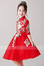 Red Embroidery Knee-Length Flower Girl Dress