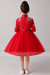 Red Embroidery Knee-Length Flower Girl Dress