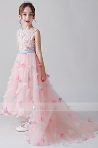 Cute High-Low Jewel Neckline Pink Flower Girl Dresses