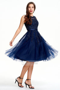 Dark Navy A line Natural Knee-length Sleeveless Zipper Tulle Evening Gown