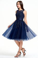 Dark Navy A line Natural Knee-length Sleeveless Zipper Tulle Evening Gown