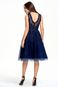 Dark Navy A line Natural Knee-length Sleeveless Zipper Tulle Evening Gown