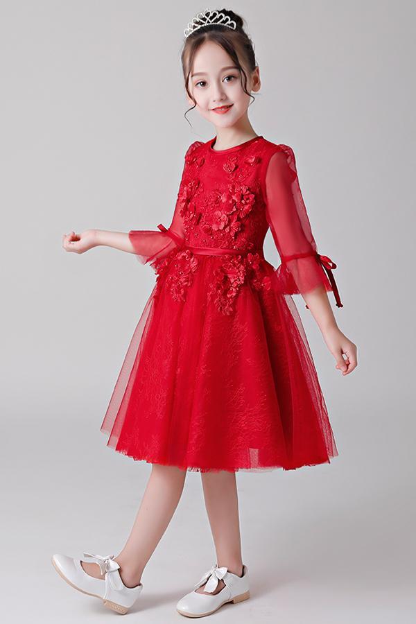 Red Flower Girl Dresses with Sleeves