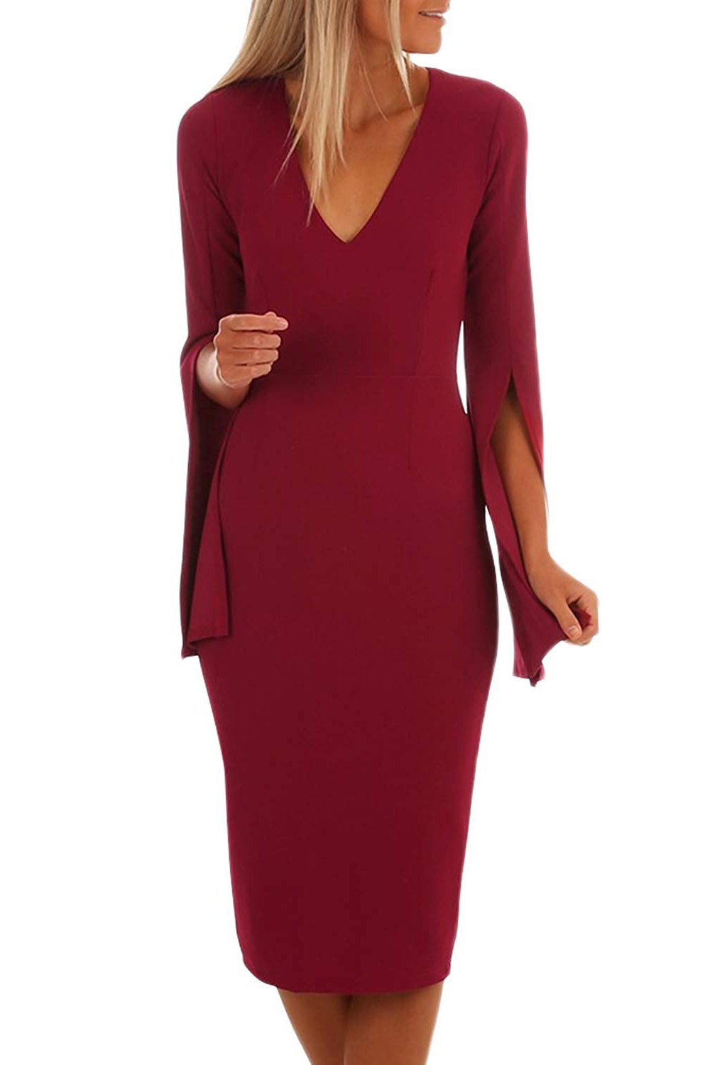 Elegant Bell Sleeves V Neck Wedding Guest Dresses Okeydress