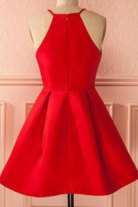 A-Line Square Neck Short Satin Red Homecoming Dress with Pleats