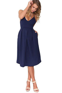 Dark Navy V-Neck Spaghetti Straps Wedding Guest Dress with Pocket