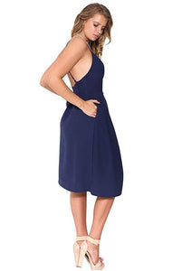 Dark Navy V-Neck Spaghetti Straps Wedding Guest Dress with Pocket