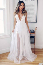 A-Line Deep V-Neck Criss Cross Back Wedding Dresses