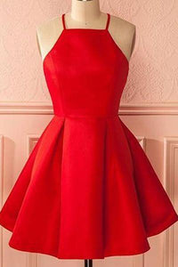 A-Line Square Neck Short Satin Red Homecoming Dress with Pleats