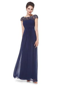 Dark Navy Elegant Cap Sleeves Long Chiffon Formal Dress