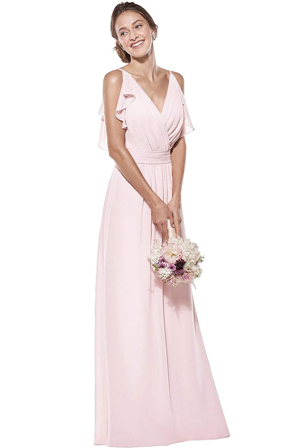 V-Neck Spaghetti Straps Chiffon Bridesmaid Dress Long Formal Evening Gown