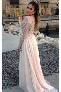 A-line Chiffon Bateau Long Sleeves Beading Floor-length Prom Dresses