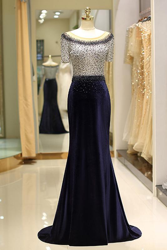 Elegant Beaded Formal Evening Dresses with Short Sleeves