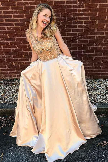 Gorgeous A-Line Scoop Satin Prom Dresses with Beading