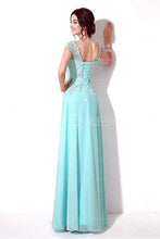 Fashion Lace Applique Beading Cap Sleeves Lace-up Long Chiffon Prom Dresses