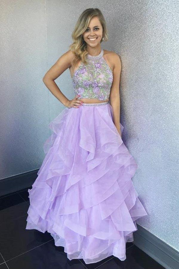 Two Piece Beaded Halter Lilac Organza Ruffle Evening Gowns