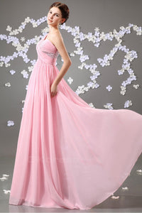 Snazzy One-shoulder Pleated Beading Top Long A-line Chiffon Prom Dress