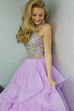 Two Piece Beaded Halter Lilac Organza Ruffle Evening Gowns
