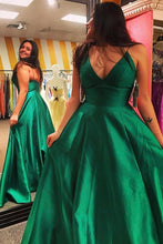 V-neck Satin Sweep Train Pockets Prom Dresses