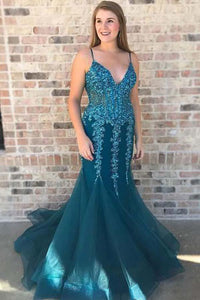 Sexy Mermaid Spaghetti Straps Turquoise Prom Dresses with Appliques Sequins