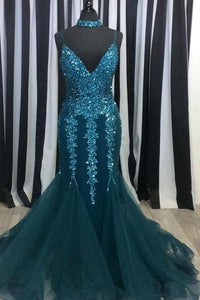 Sexy Mermaid Spaghetti Straps Turquoise Prom Dresses with Appliques Sequins
