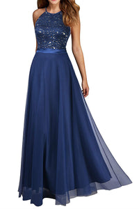 Halter Floor-Length Lace Chiffon Prom Evening Dresses