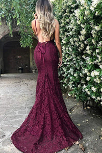V-Neck Lace Evening Party Gown Backless Long Mermaid Prom Dresses
