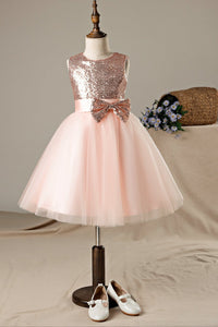 A-line/Princess Sequined Sleeveless Flower Girl Dresses with Bows