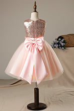 A-line/Princess Sequined Sleeveless Flower Girl Dresses with Bows