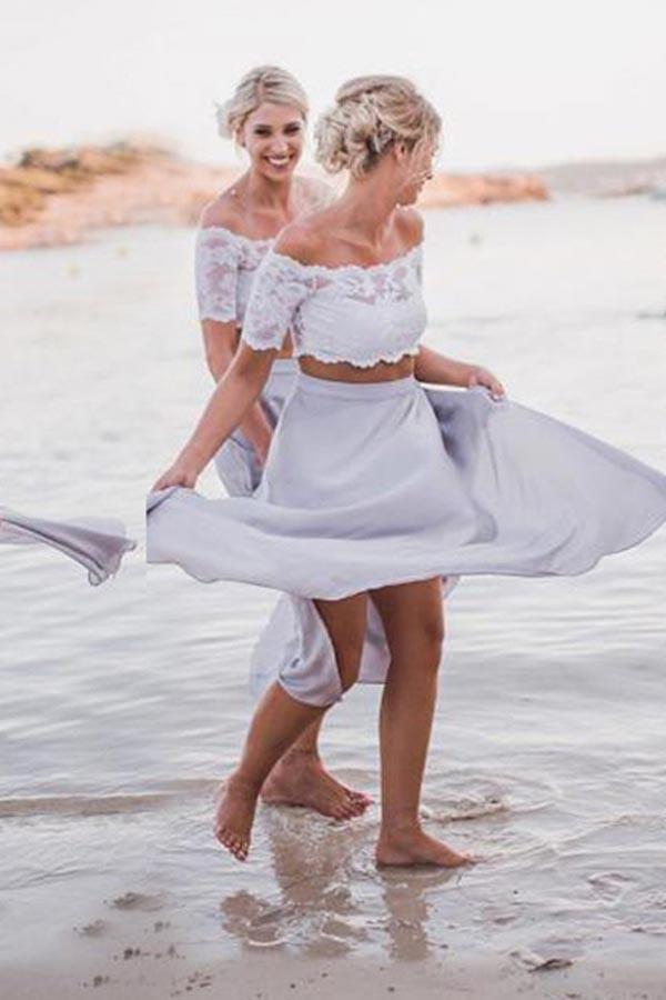 Two Piece Off-the-Shoulder Lilac Chiffon Bridesmaid Dresses