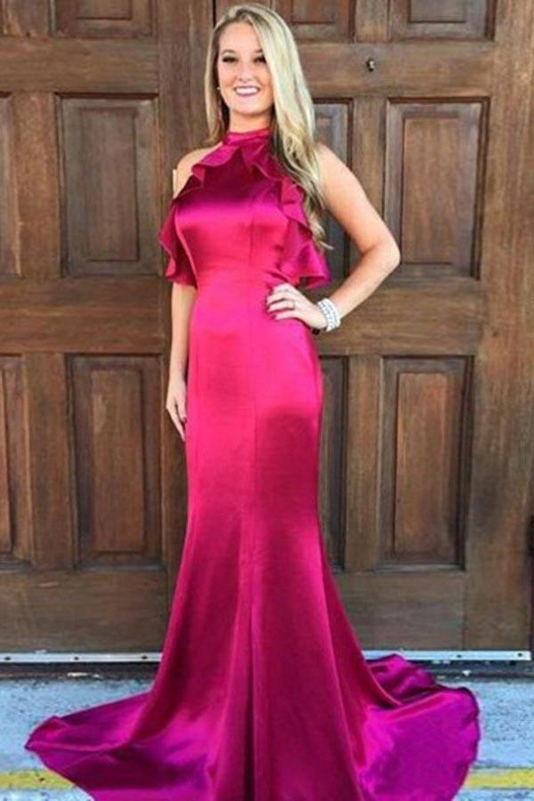 Sexy Mermaid Jewel Open Back Fuchsia Elastic Satin Prom Dresses with Ruffles