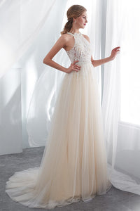 Halter Sleeveless Tulle Bridal Dresses with Lace Appliques