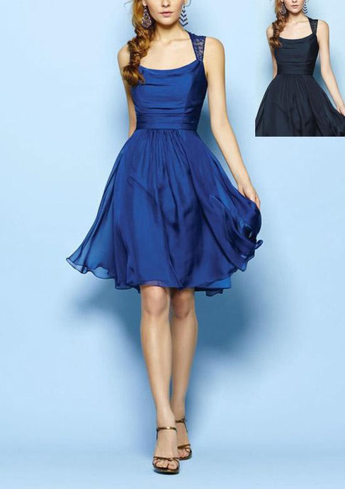 Blue Great Chiffon A-line Sleeveless Above-knee Square Neckline Bridesmaid Dresses