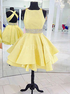 Neat A-line Sleeveless Beading Above-knee Yellow Prom Dresses