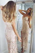 Mermaid Spaghetti Straps Pearl Pink Sequined Split Prom Dresses