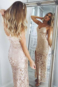 Mermaid Spaghetti Straps Pearl Pink Sequined Split Prom Dresses