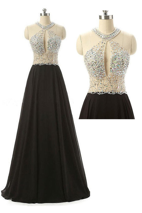 A-line Sleeveless Floor-length Beading Halter Prom Dresses