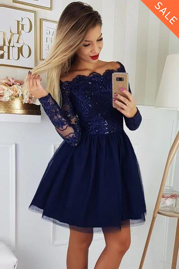 A Line Off the Shoulder Long Sleeves Short Homecoming Dresses with App Okeydress