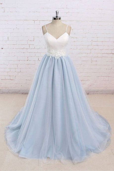 Contrast Color Spaghetti Straps Ball Gown Natural Long Tulle Prom Dresses